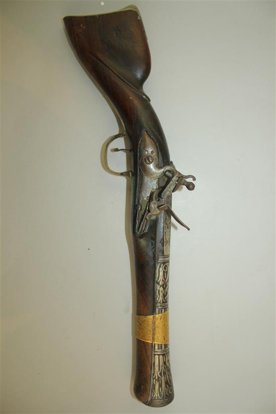 A 19th century Turkish flintlock blunderbuss pistol, 17.75in.